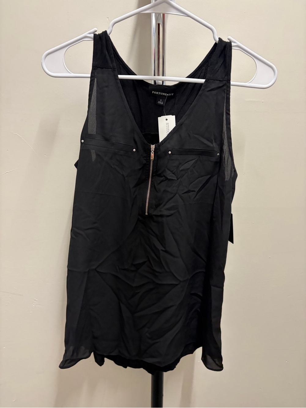 NWT Fortune+Ivy Black Zip-Front Mesh-Trim Camisole Size M Stitch Fix